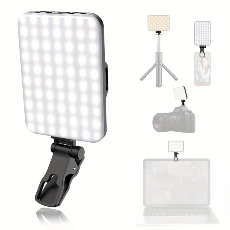 LED Selfie Light With Front & Back Phone Clip. 60 High-quality LED Beads 2200mAh Rechargeable CRI 97+. 7 Light Modes. Portable Clip On Light For Phoneu002FTabletu002FLaptop