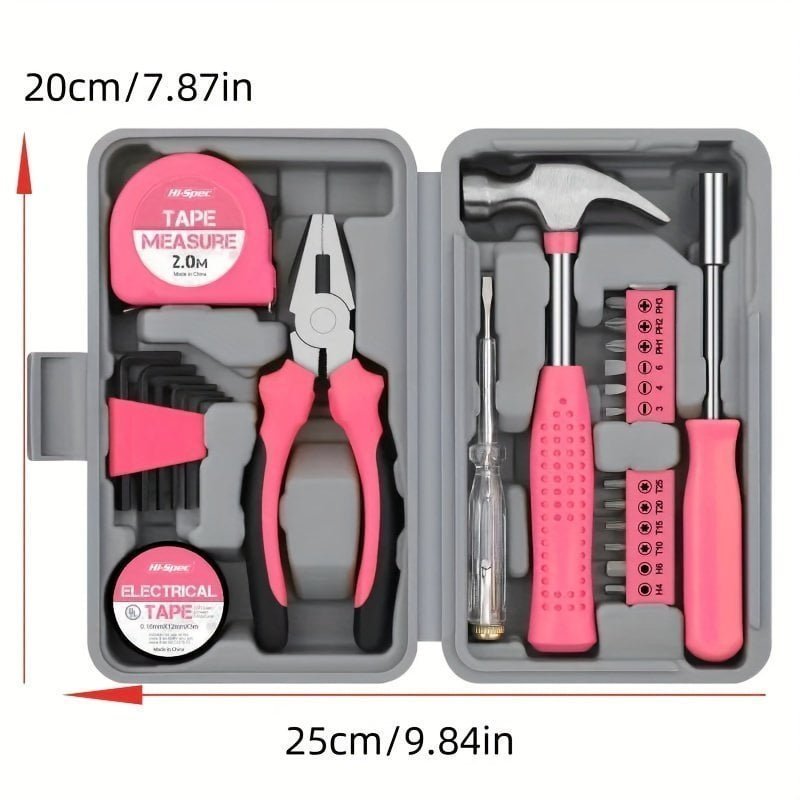 1 Set 24 In 1 Multifunctional Home Repair Hand Tool Set. Pliers. Tape Measure. Hammer Wrench. Screwdriver. Pink Hardware With Toolbox father's day gift