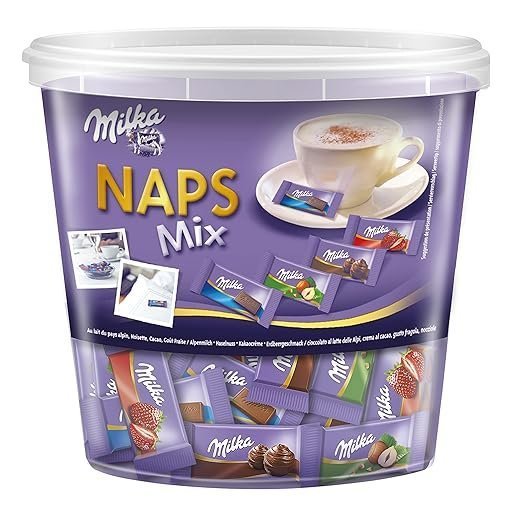 Milka Naps Mix. 1 x 1 kg Tin. Melt-in-the-Mouth Mini Chocolate Bars Made from Alpine Milk. Strawberry. Hazelnut and Crème au Cacao